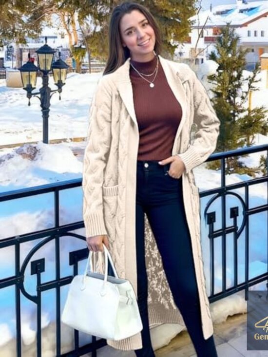 Oversized Hooded Cardigan Sweater Long Knee Length Cable Knit Warm - Picture 2 of 7